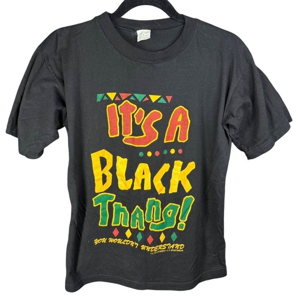 Vintage‎ Its A Black Thang Graphic T Shirt KC Sportswear Mens Size Small Black